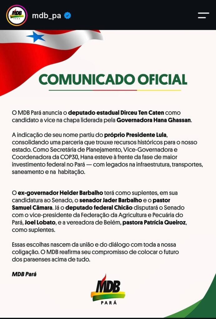 PT confirma Dirceu Ten Caten como vice de Hana Ghassan no Pará