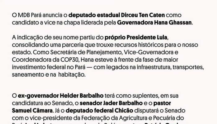 PT confirma Dirceu Ten Caten como vice de Hana Ghassan no Pará
